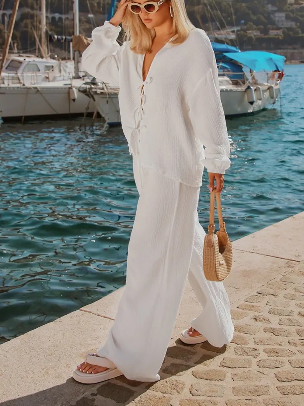 !!!SOLD!!! PLT White Textured Cheesecloth Wide Leg Pants Linen-Like Beach - Picture 4 of 5